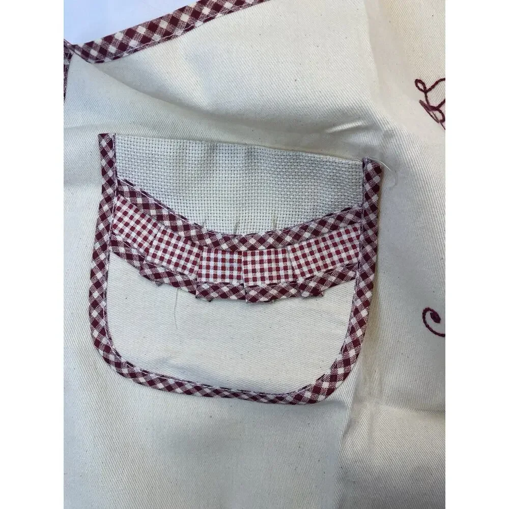 Nonna Embroidered Bib Apron Beige/Maroon Gingham Trim Pocket Cotton One Size